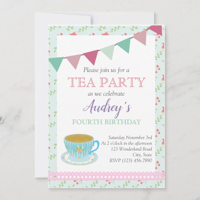 Invitation Tea Party Girls Anniversaire Shabby Chic Afternoon (Devant)