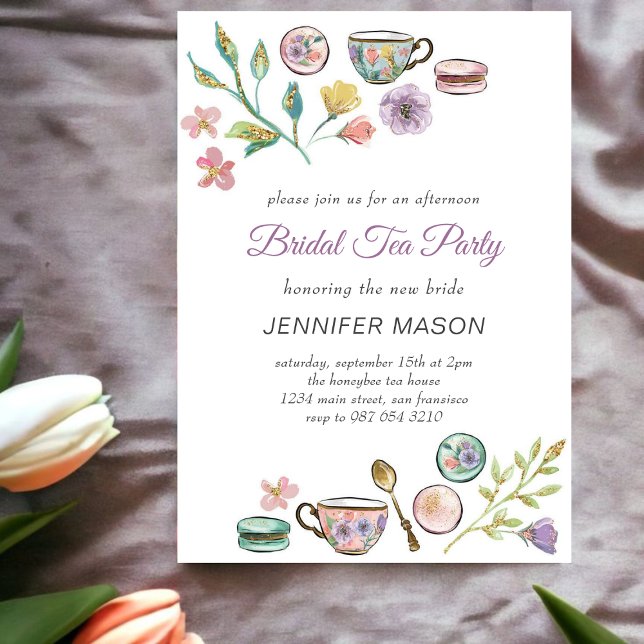 Invitation Tea Party l Aquarelle Fleurs pourpres (Créateur téléchargé)