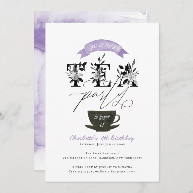 Invitation Tea Party moderne noir et blanc Aquarelle violet (Devant / Derrière)