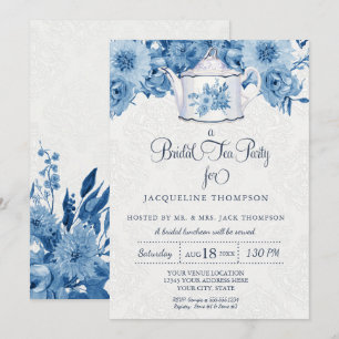 Invitation Tea Party Navy Blue White Floral Teapot Art