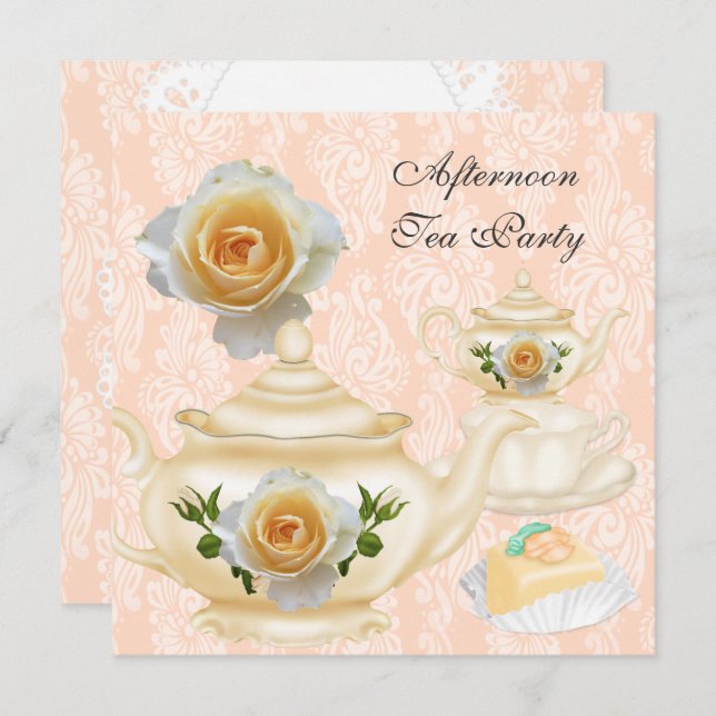 Invitation Tea Party Peach Coral Floral Teapot (Devant / Derrière)