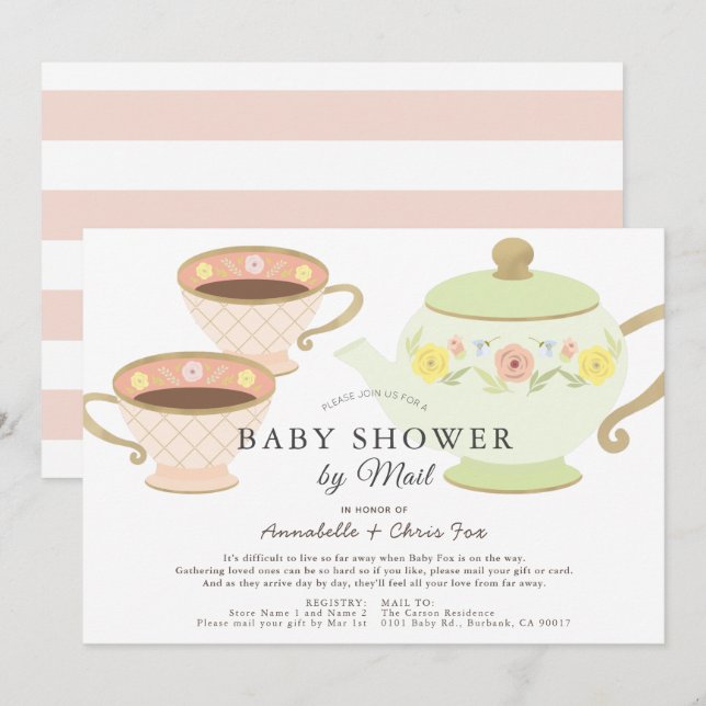 Invitation Tea Party Pot & tasses Baby shower par courrier (Devant / Derrière)
