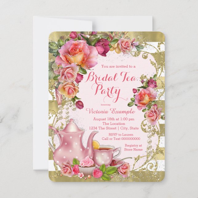 Invitation Tea Party rose et or (Devant)