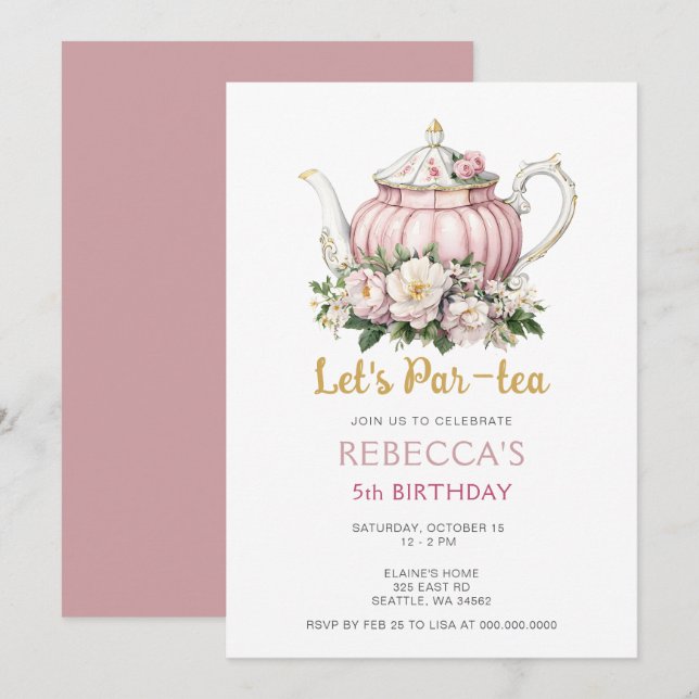 Invitation Tea Party rose or fille Anniversaire (Devant / Derrière)