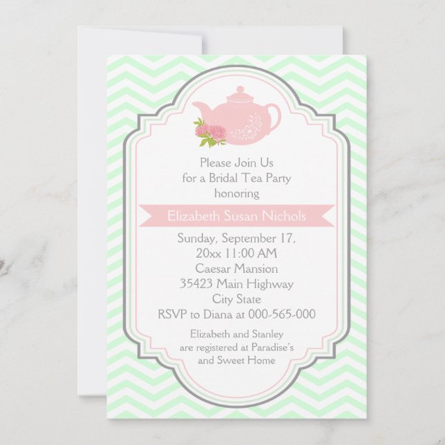 Invitation Tea party théière, chevron rose menthe nuptiale (Devant)