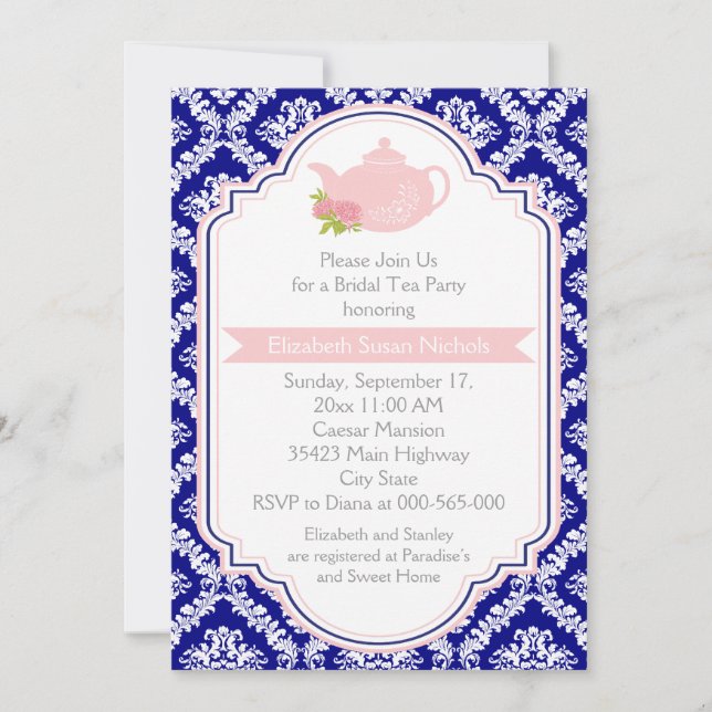 Invitation Tea party théière, damas rose marine nuptiale douc (Devant)