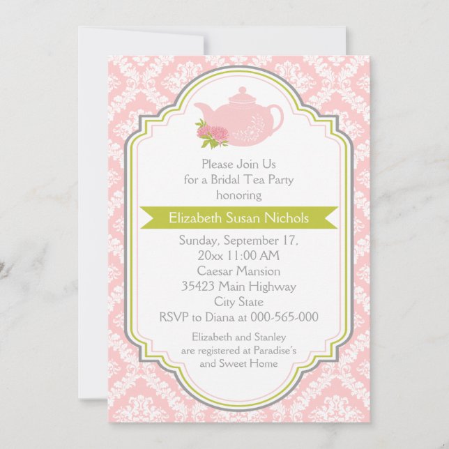 Invitation Tea party théière, damas rose vert nuptiale douche (Devant)
