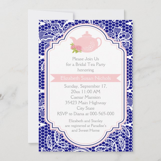 Invitation Tea party théière, dentelle rose, nuptiale (Devant)