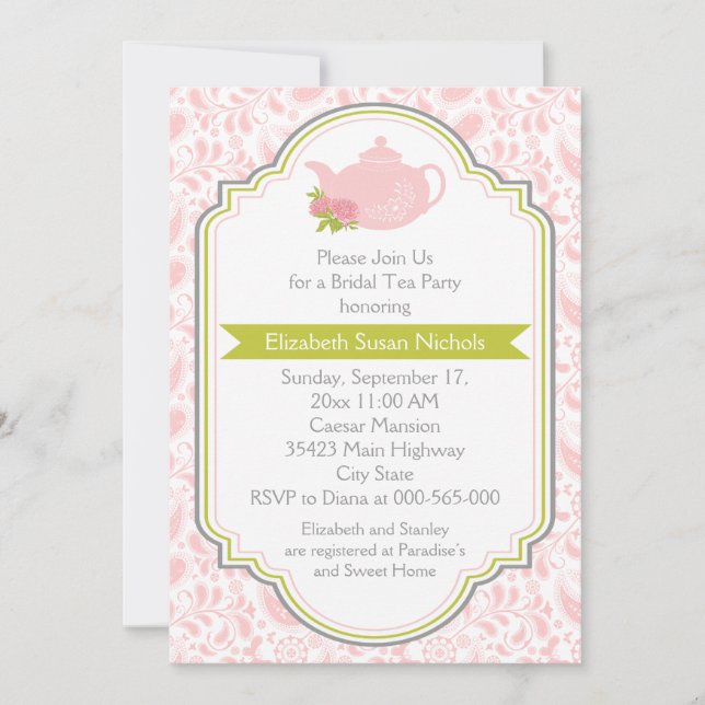 Invitation Tea party théière, Paisley rose vert nuptiale douc (Devant)