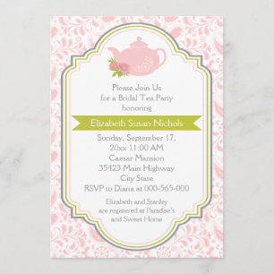 Invitation Tea party théière, Paisley rose vert nuptiale douc