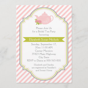 Invitation Tea party théière, rayures vert rose nuptiale douc
