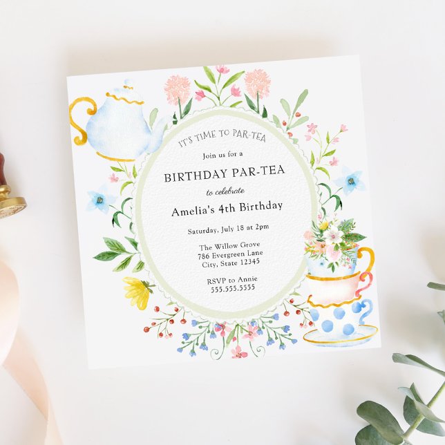 Invitation Tea Party Whimsical Fleur sauvage Anniversaire Inv (Créateur téléchargé)