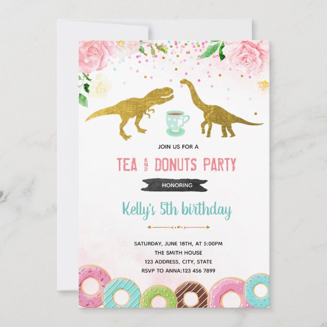 Invitation Tea rex donut girl party (Devant)