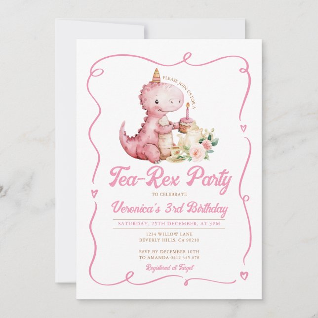 Invitation Tea-Rex Party Dinosaur 3e anniversaire Bow rose (Devant)