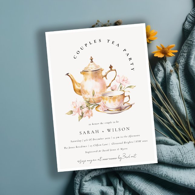 Invitation Tea Set Floral Or Rose Couples Tea Party Douche (Créateur téléchargé)