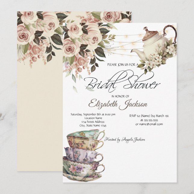 Invitation Tea Set Lumières Fête des mariées Rose (Devant / Derrière)