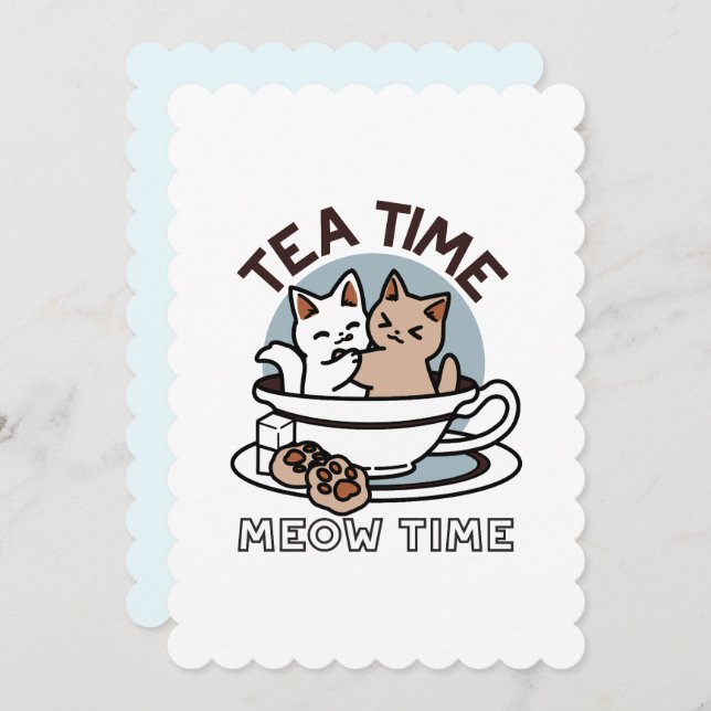 Invitation Tea Time Meow Time - Cute Cat and Tea Design (Devant / Derrière)