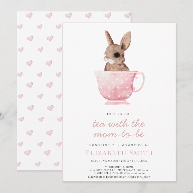 Invitation Tea Time Party Cute Bunny Baby shower fille rose (Devant / Derrière)