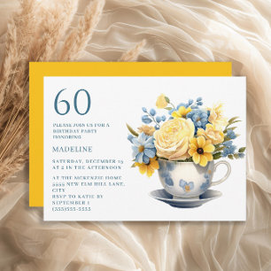 Invitation Teacup Fleurs bleu jaune 60e anniversaire