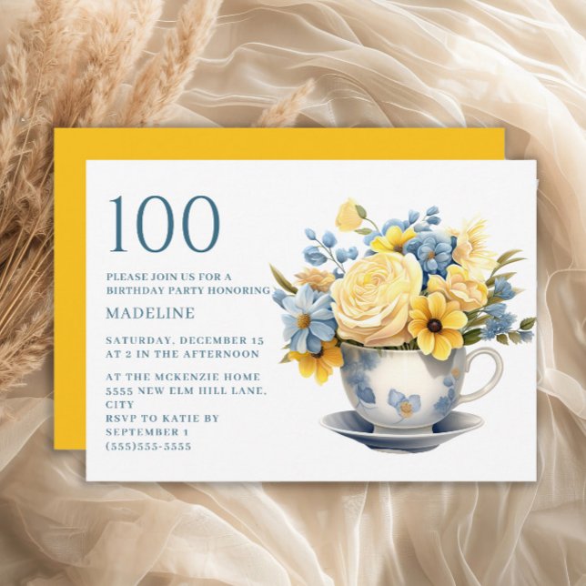 Invitation Teacup Fleurs Bleues Jaunes 100e anniversaire (Blue teacup and yellow flowers 100th birthday party invitation)
