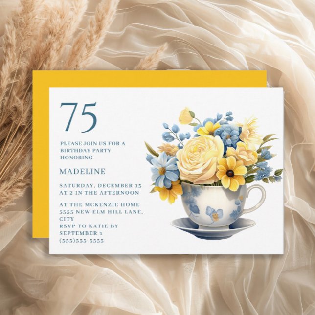 Invitation Teacup Fleurs Bleues Jaunes 75e anniversaire (Blue teacup and yellow flowers 75th birthday invitation)