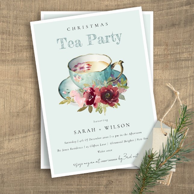 Invitation Teacup turquoise or Floral Noël Tea Party (Créateur téléchargé)