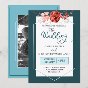 Invitation Teal 2019 et mariage géométrique floral de corail