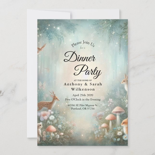 Invitation Teal and Peach Enchanted Forest Home Dinner Party  (Devant)