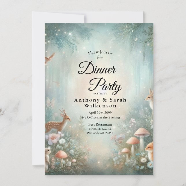 Invitation Teal and Peach Enchanted Forest Restaurant Dinner (Devant)