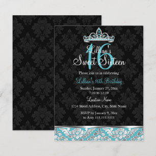 Invitation Teal Black Damask & Tiara Sweet 16
