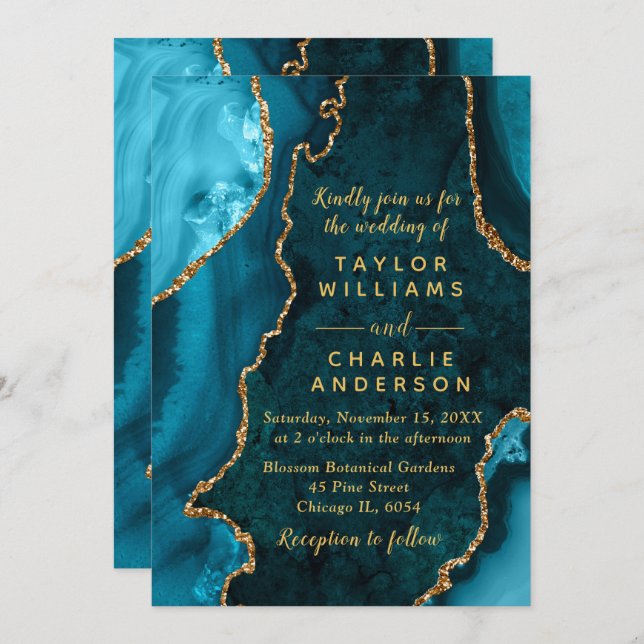 Invitation Teal Blue and Gold Agate Marble Wedding (Devant / Derrière)
