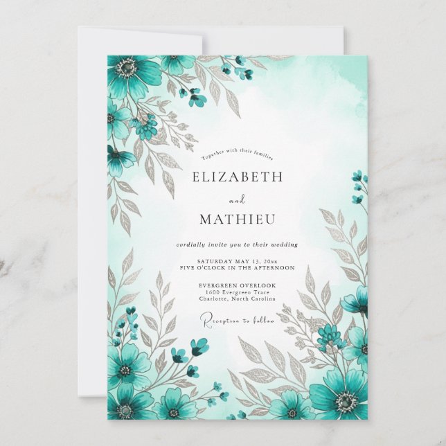 Invitation Teal Blue Exquisite Spring Wedding (Devant)