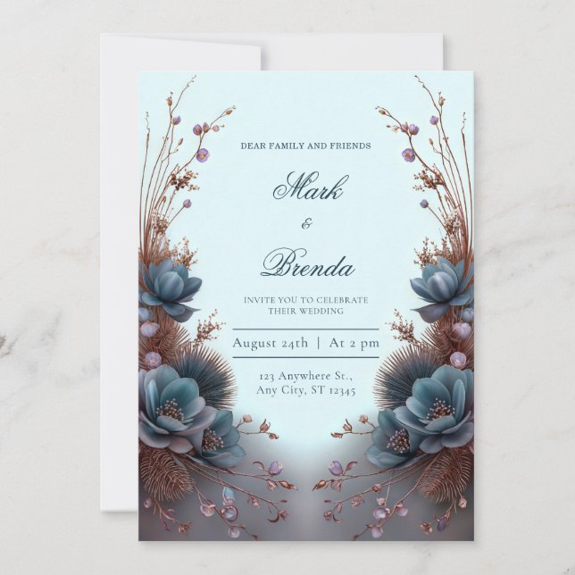 Invitation Teal Blue Modern Symmetrical Botanical Wedding (Devant)