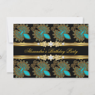 Invitation Teal Blue Or Noir Élégant Fête d'anniversaire