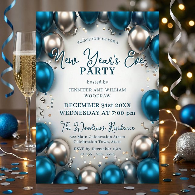 Invitation Teal Blue Silver Balloons Confetti New Year's Eve (Créateur téléchargé)