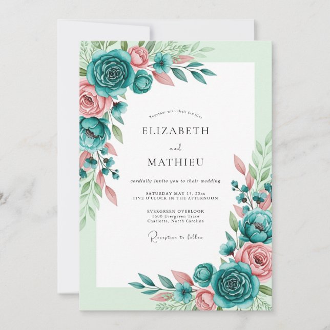 Invitation Teal Blush Romantic Spring Wedding (Devant)