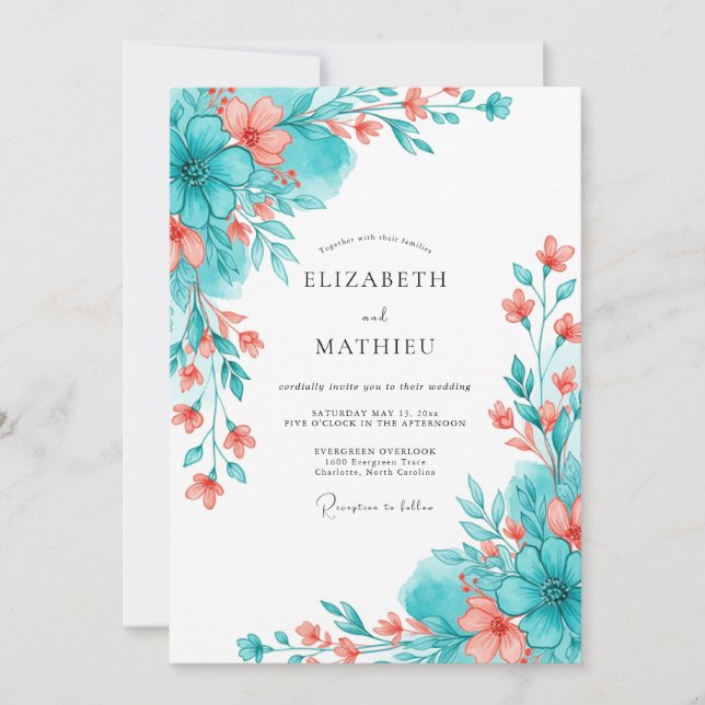 Invitation Teal Coral Botanical Romance Wedding (Devant)