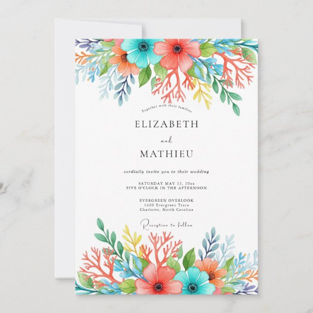 Invitation Teal Coral Whimsical Floral Wedding (Devant)