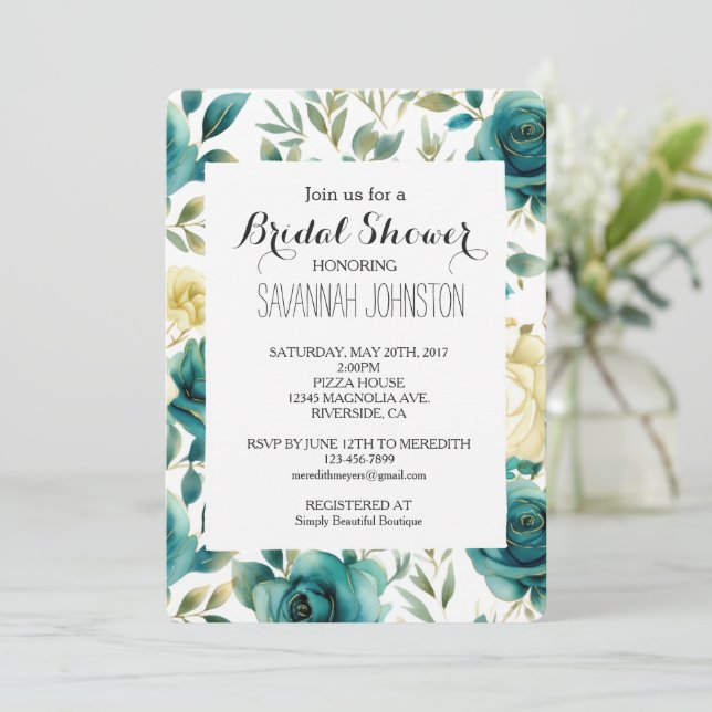 Invitation Teal Cream Rose Floral Bridal Shower (Debout devant)