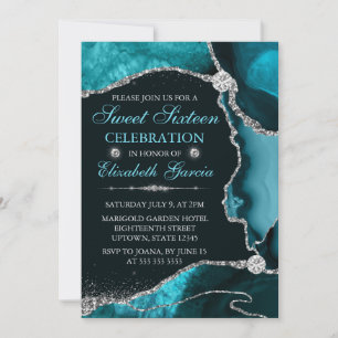 Invitation Teal et Faux Glitter Agate Argent Sweet Sixteen