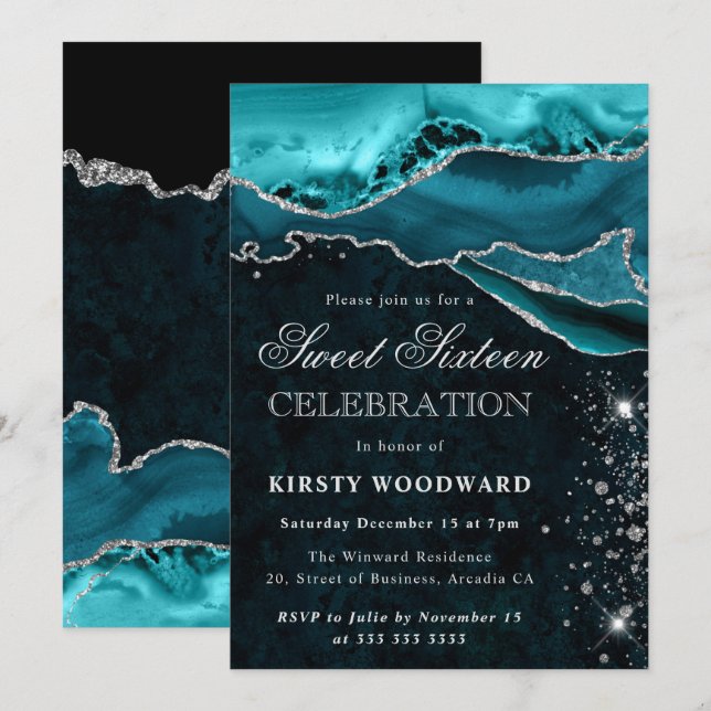 Invitation Teal et paillettes d'argent Agate Sweet 16 (Devant / Derrière)