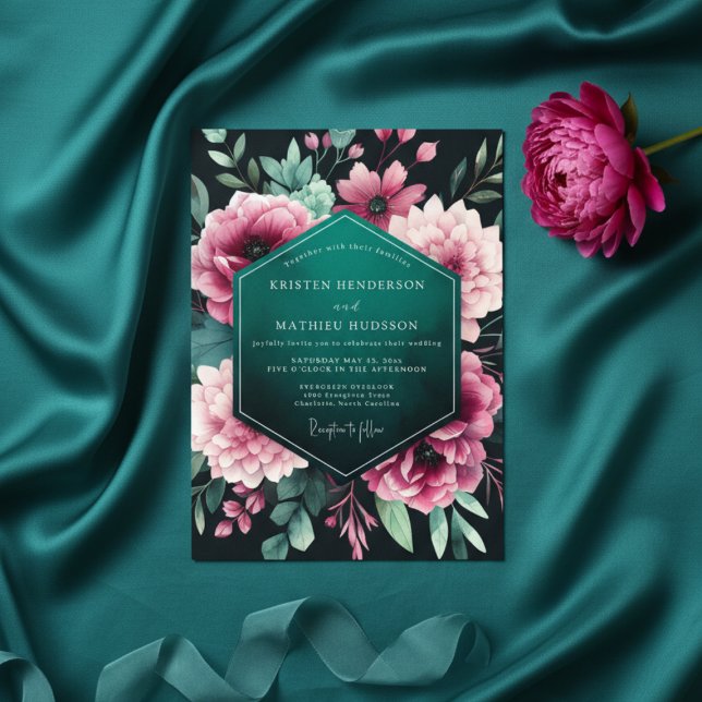 Invitation Teal Floral Nocturne Wedding (Créateur téléchargé)