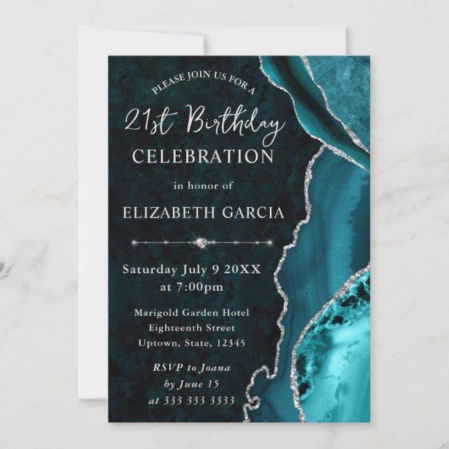 Invitation Teal & Glitter Argent Agate et marbre Anniversaire (Devant)
