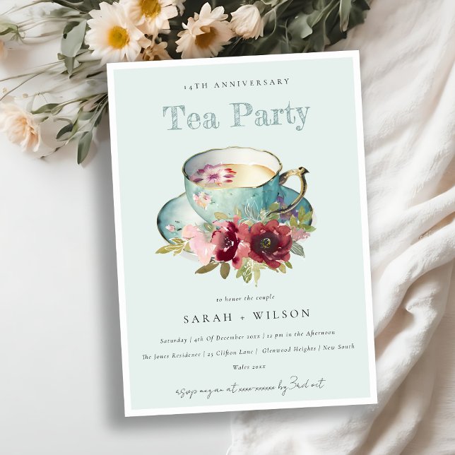 Invitation Teal Gold Floral Teacup Any Year Anniversary Party (Créateur téléchargé)