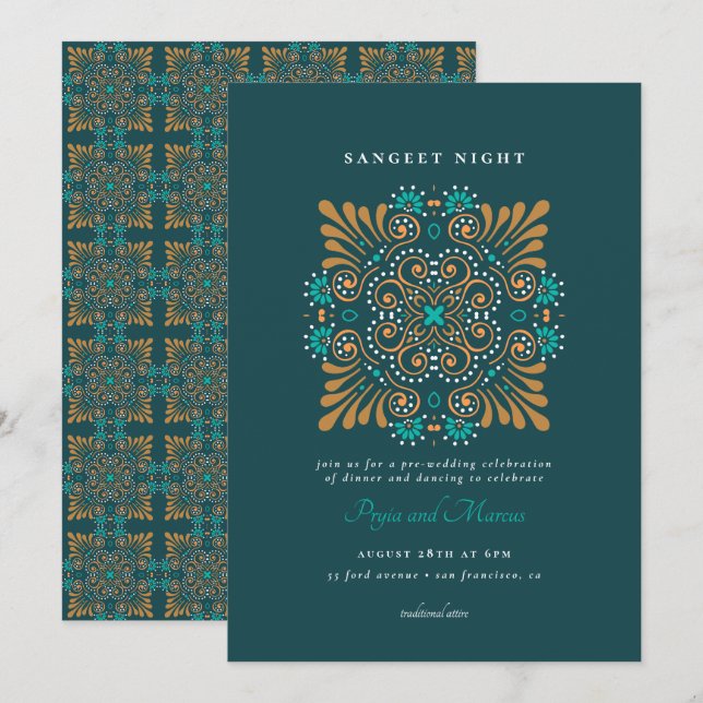 Invitation Teal Gold White Mandala Mehndi Sangeet (Devant / Derrière)