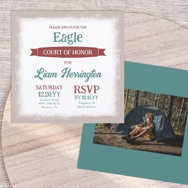 Invitation Teal Green, Burgundy Eagle Scout Court of Honor (teal green and burgundy red eagle scout court of honor party invitation with picture, banner ribbon)
