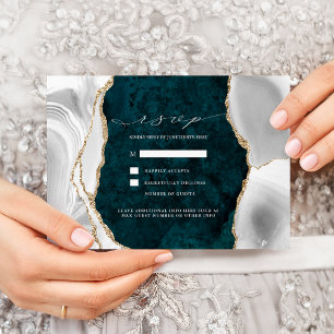 Invitation Teal Marble, White & Gold Agate Mariage RSVP