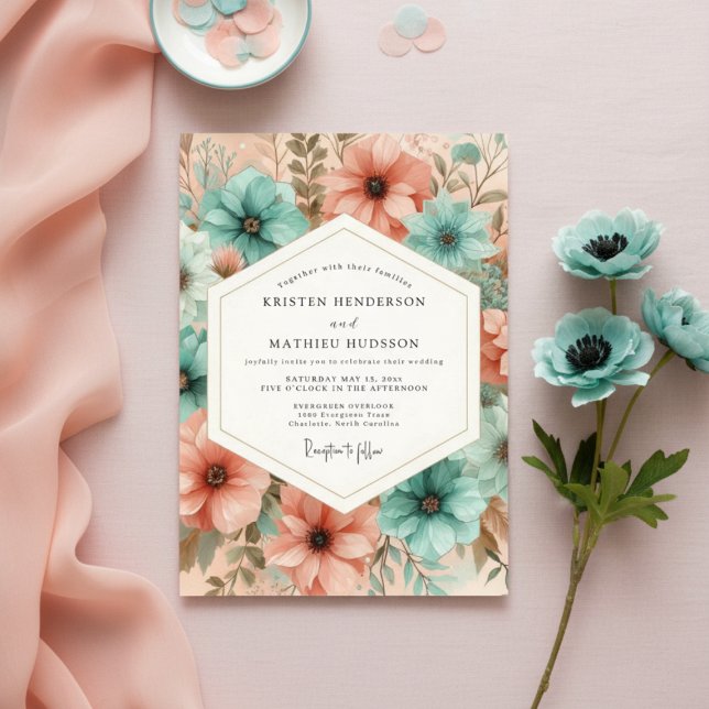 Invitation Teal Peach Floral Ethereal Wedding (Créateur téléchargé)