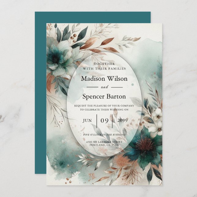Invitation Teal Petals in Bronze Bloom Wedding (Devant / Derrière)