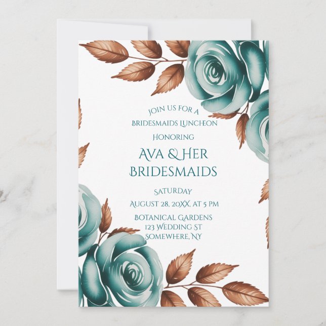 Invitation Teal Roses and Bronze Leaves Bridesmaids Luncheon (Devant)